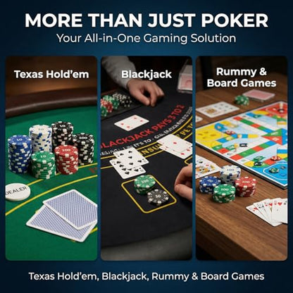 HEITOK Poker Chips 1000 Chips Set with Denominations, 11.5g Weighted Numbered Casino Chips Set, 2 Decks with Compact Aluminum Case for Texas Hold'em, Blackjack Chips | 2-20 players, numbered values 1/5/25/100/500, aluminum case, cards, dice, dealer/small/