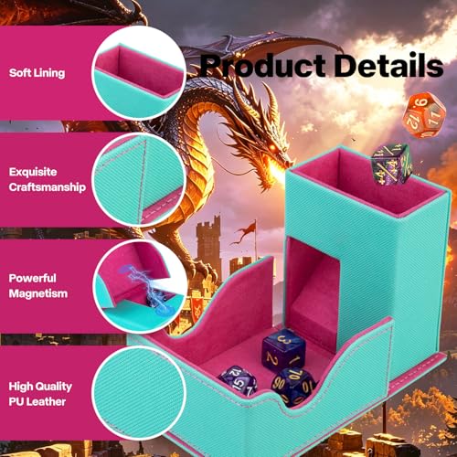Dice Roller Tower, Premium DND Magnetic Dice Tray, Foldable PU Leather Dice Tower RPG Gifts for Dungeons and Dragons MTG Dm & Player Turquoise/Pink（Flame Dragon） - color: Turquoise/Pink