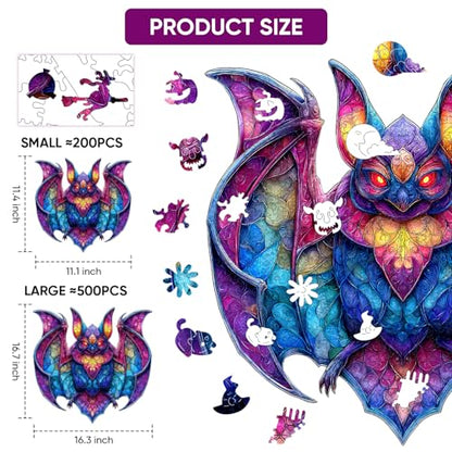 MEATRN Wooden Puzzles for Kids, Stained Glass Bat Wood Puzzles Adult, 198 Pcs - color: Bat, size: Small