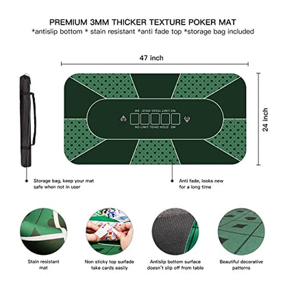YUZPKRSI 47×23 Inch Poker Mat, 6 Players Texas Hold'em Poker Rubber Mat Poker Topper for Tables, Folding Portable Poker Table Top Layout w/Carrying Bag for Poker Games, Blackjack, Casino - color: 47 X 24 Inch Bright Green