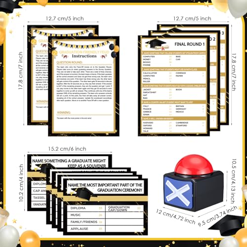 Shappy 25 Pcs Graduation Friendly Feud Game with 2 Answer Buzzers, Graduation Trivia Game Feud Card Festival Guessing Holiday Activity for Class School Team Groups Party