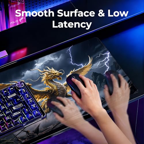 Large Thunder Dragon Gaming Mouse Pad, Chinese Desk Mat 31.5X15.7 | HD Print, Non Slip Rubber Base, Waterproof Fabric Top, Stitched Edges, Ideal Gift for Dorm, Home, Office & Back to School - color: Black