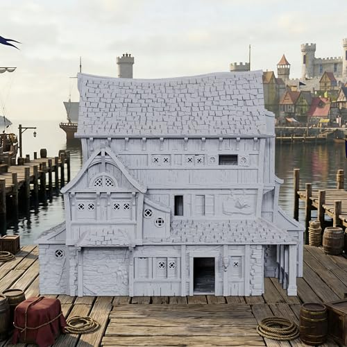 AUSPDICE DND Terrain 25mm 도색되지 않은 도크 빌딩, 석재 및 목공 풍경 | 1:64 스케일 멀티 레벨 하버 하우스, 던전 앤 드래곤 TTRPG 및 판타지 워게임용 디테일한 지붕 타일 포함 - AF1154E - color: Af1154e Dock Buildings E