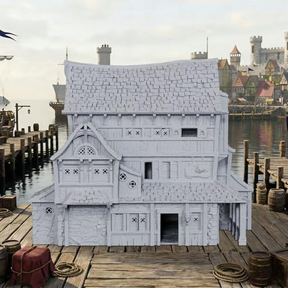 AUSPDICE DND Terrain 25mm 도색되지 않은 도크 빌딩, 석재 및 목공 풍경 | 1:64 스케일 멀티 레벨 하버 하우스, 던전 앤 드래곤 TTRPG 및 판타지 워게임용 디테일한 지붕 타일 포함 - AF1154E - color: Af1154e Dock Buildings E