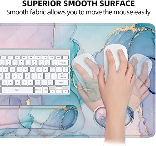 Large Mouse Pad with Wrist Rest, 4-in-1 Wrist Rest for Keyboard and Mouse | Non-Slip Waterproof Desk Mat Set, 35.4"x15.7" Desk Mat+Keyboard Wrist Rest+Mouse Wrist Support+Cup Coaster for Home Office - color: Green Marble-35.4''x15.7''