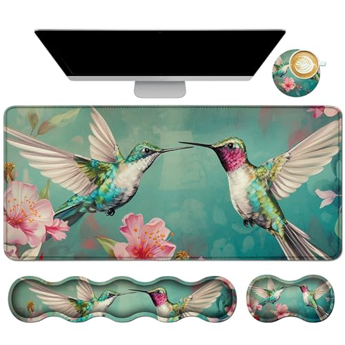 4Pcs Memory Foam Keyboard Mouse Wrist Rest Pad + Gaming Desk Mat 31.5" * 11.8" with Stitched Edges + Mouse Wrist Cushion + Coasters, Non-Slip Desk Pad Protector for Laptop Desktop, Hummingbird Flower - color: Hummingbird Flower, size: 4Pcs Memory Foam Pad