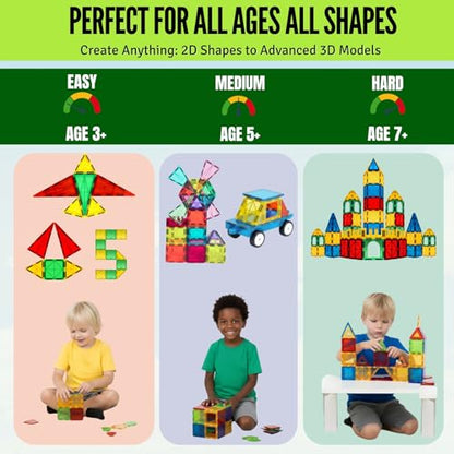 Magnetic Tiles 150 PCS with 2 Cars Bases, STEM Magnet Building Tiles for Kids Ages 3-12, Educational Building Magnets Toys, Creative Construction, Preschool Learning & Play for Childs - style: 150 Pieces