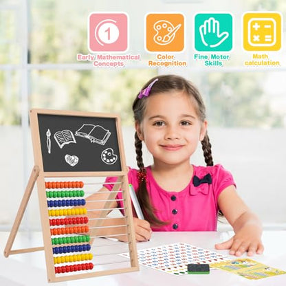 Wooden Abacus Math Games for Kids 5-7 Counting Toys with Double-Sided Board | Wood Abacus Educational Counting Math Manipulatives for 1st 2nd grade with Magnetic Number Cards 1-100
