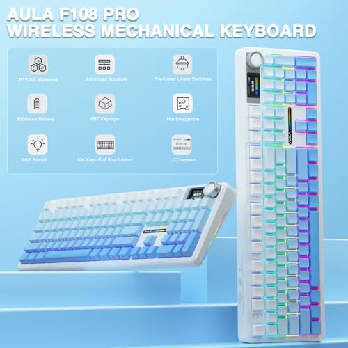 AULA F108 PRO - Wireless Mechanical Keyboard with Screen&Knob,Hot Swappable Gaming Keyboard with 8000mAh Battery,Pre-lubed Switches,RGB Backlit,PBT Keycaps Creamy Sounding Computer Keyboards,104 Keys - color: Gradient Blue