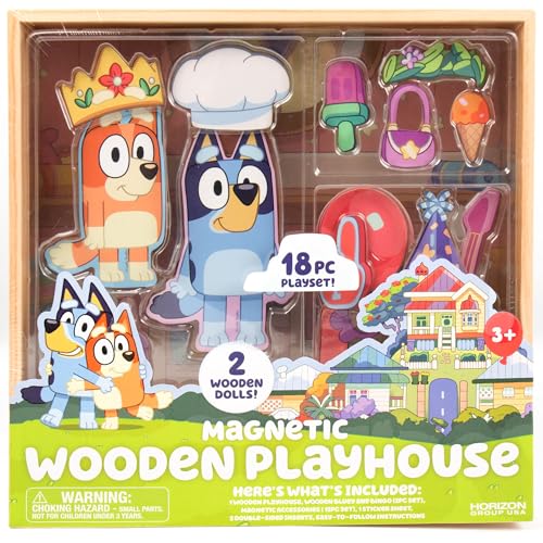 Horizon Group USA Bluey Magnetic Wooden Playhouse, 18 Piece Activity Set, Includes 2 Wooden Dolls House, Great Toys for Kids, Fun Birthday Party Activity, House Playset - color: Bluey House Playset