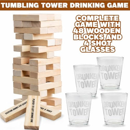Gamie Tumbling Tower Drinking Games for Adults, with 4 Glasses and 48 Wooden Blocks with Challenges, Fun House Adult Party Games for Game Night, Great Gift Idea for Everyone