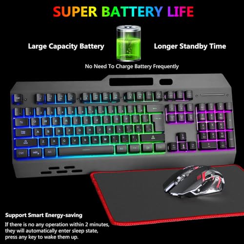 Wireless RGB Gaming Keyboard and Mouse - Rechargeable Backlit,Long Battery Life,Metal Panel Mechanical Feel with Palm Rest,7 Color Gaming Mouse and Mouse Pad for Game and Work