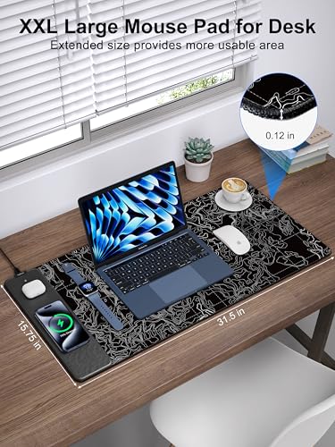 TopMade Mouse Pad with 15W Fast Wireless Charging, 31.5"x15.75" XXL Large Gaming Waterproof Desk Pad with Ultra-Smooth Surface, Non-Slip Base, Computer Desk Mat, Black Topographic Map #3 - color: Black Topographic Map #3