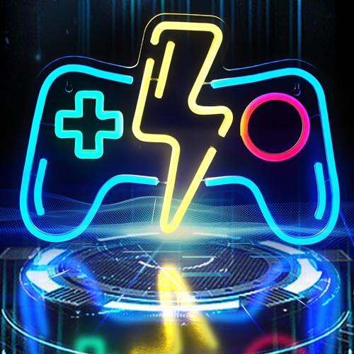 LED Game Neon Sign Light for Gamer Room Decor USB Powered with Switch Gaming Accessories Acrylic Gamepad Neon Sign for Video Game Room Teen Boy Bedroom Wall Decor Gift Ideas for Gamer Christmas - style: Lightning Blue Gampad