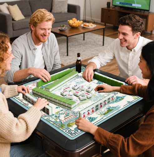 Chinese Garden Teal Green Chinoiserie Pavilion Lake Mahjong Mat 31.5x31.5 Inch, Non-Slip and Noise Reduction Mah Jong Table Mat Cover Gifts for Mahjong Lovers Poker Board Games Dominoes - color: Chinese Garden