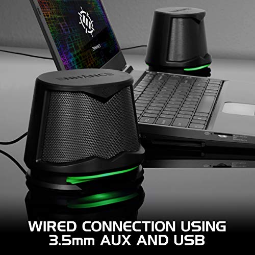 ENHANCE SB2 USB Computer Speakers, 2.0 Stereo with Green LED Lighting, 10W Peak High Excursion Drivers, 3.5 mm Aux, in Line Volume and Light Switch, PC Laptop Desktop - color: Green