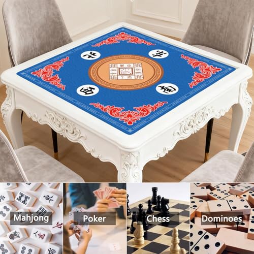 Mahjong Mat for Table with Carrying Bag & 3 Dice, Blue 31.5"x31.5" Square Rubber Mahjong Table Cover, Non-Slip & Noise Reduction Gaming Mat for Mah Jongg, Poker, Dominoes & Tile Games - color: Bright Blue