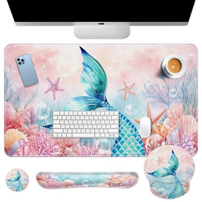 Britimes Pink Cute Deep Sea Mermaid Keyboard Mouse Pad Set 4in1 Large Mousepad+Keyboard Wrist Rest+Mouse Wrist Rest+Coaster Set with Ergonomic Design for Home Office Computer 35.4x15.7 inches - color: Mermaid
