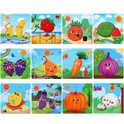 SANNIX 12 Pack Wooden Jigsaw Puzzles for Toddlers 3 4 5 Years Old | Party Favors Animals Jigsaw for Kids, Transportation Educational Puzzles Travel Toy with 12 Organize Bags - style: Fruits