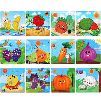 SANNIX 12 Pack Wooden Jigsaw Puzzles for Toddlers 3 4 5 Years Old | Party Favors Animals Jigsaw for Kids, Transportation Educational Puzzles Travel Toy with 12 Organize Bags - style: Fruits