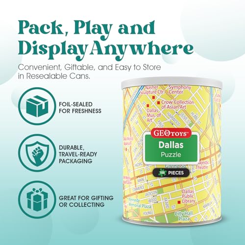 Geotoys Dallas Mini City Puzzle - 100 Piece Puzzles for Kids and Adults in Portable Can, 13" x 10" Educational Travel Puzzle for Ages 7 and Up - Mini Puzzles to Learn & Explore Geography - style: Dallas