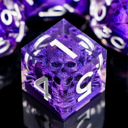 DND Skull Dice Set 7PCS Necromancer Polyhedral Dice for Dungeons Dragons RPG Role Playing Game, Resin Sharp Edged D and D Dice with Gift Box D6 D8 D10 D12 D20 (Silver Purple) - color: Purple&silver