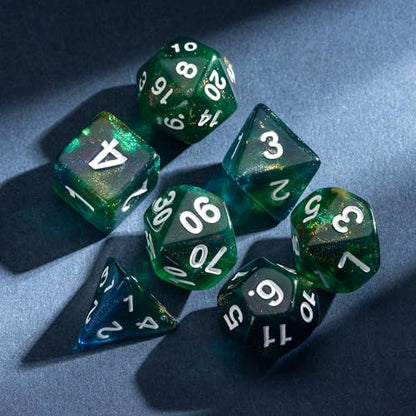 7-Die DND Dice Set Polyhedral Dice Set with a Leather Dice Bag, D&D Dice Set for RPG Table Games (Blue & Green) - color: Blue & Green