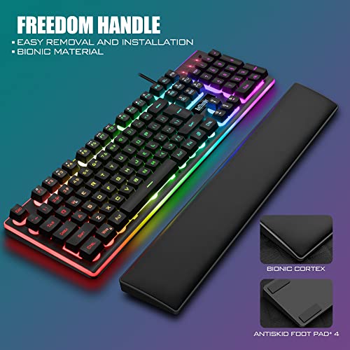RedThunder K10 Wired Gaming Keyboard and Mouse and Wrist Rest Combo, RGB Backlit, Mechanical Feel Anti-ghosting Keyboard + 7D 7200 DPI Mice+Soft Leather Wrist Rest 3 in 1 PC Gamer Accessories(Black) - color: Black