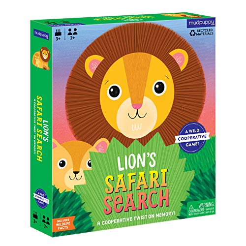 Lion's Safari Search Cooperative Game from Mudpuppy - Memory Matching Game with 1 Game Board, 1 Lion Mat, 1 Sun Token, 20 Grass Shaped Tiles & Fun Facts, Perfect for Family Game Night, 3+ - color: Lion Safari