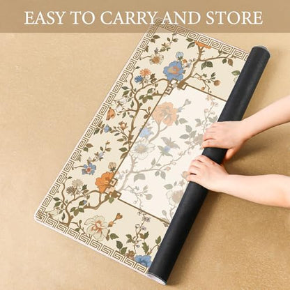 Chinoiserie Mahjong Mat with 1 Carrying Bag 31.5" x 31.5" Beige and White Rubber Anti Slip and Noise Reduction Multi Purpose Game Table Cover for Card, Board Tile Games - color: Beige