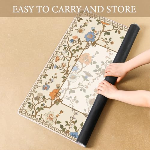 Chinoiserie Mahjong Mat with 1 Carrying Bag 31.5" x 31.5" Beige and White Rubber Anti Slip and Noise Reduction Multi Purpose Game Table Cover for Card, Board Tile Games - color: Beige