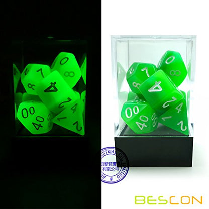 Bescon Gradient Glowing Polyhedral Dice 7pcs Set Forest Light, Gradual Luminous RPG Dice Set Glow in Dark, Novelty DND Game Dice d4 d6 d8 d10 d12 d20 d% in Brick Box - color: Forest Light