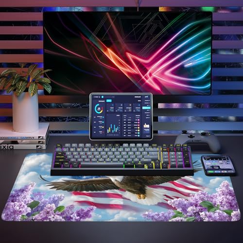 Mouse Pad, Large Anti-Slip with Stitched Edges Desk Mat Desktop Laptop Computer Desk Keyboard Mat,Table Protector Blotter Mat (Flowers and Eagles, 35.4" x 15.7") - color: Flowers and Eagles, size: 35.4" x 15.7"