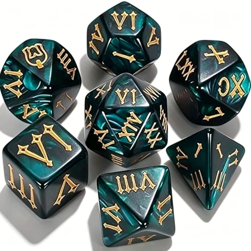 CiaraQ 7pcs Polyhedral Dice Set for Dungeon and Dragons MTG Table Games | Acrylic Role Playing Dice for D&D with Black Velvet Bag – Deep Teal Pearl with Gold Roman Numerals - color: Deep Teal Pearl Finish With Gold Roman Numerals