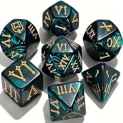 CiaraQ 7pcs Polyhedral Dice Set for Dungeon and Dragons MTG Table Games | Acrylic Role Playing Dice for D&D with Black Velvet Bag – Deep Teal Pearl with Gold Roman Numerals - color: Deep Teal Pearl Finish With Gold Roman Numerals
