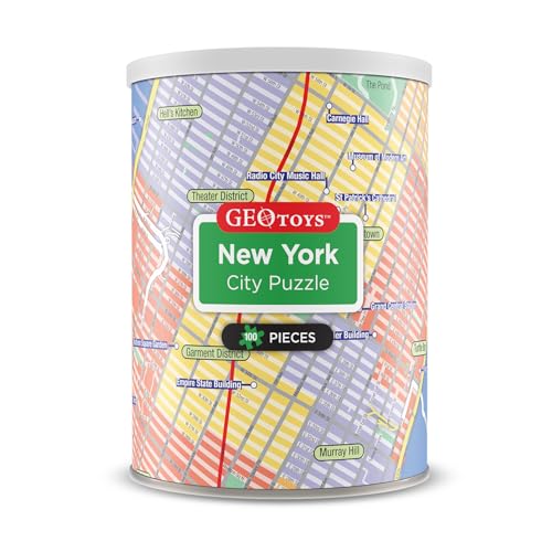 Geotoys New York City Mini City Puzzle - 100 Piece Puzzles for Kids and Adults in Portable Can, 13" x 10" Educational Travel Puzzle for Ages 7 and Up - Mini Puzzles to Learn & Explore Geography - style: New York City