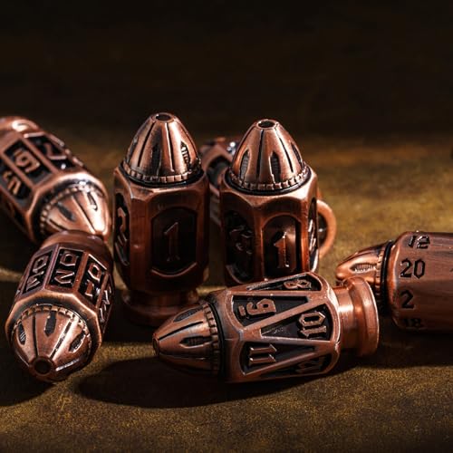 UDIXI Metal DND Bullet Dice Set, 7PCS D&D Metal Polyhedral Dice Set Copper | Cool Design, Magazines Container and PU Leather Bag, for Dungeons and Dragons Role Playing Games and Tabletop Games RPG - color: Ancient Copper