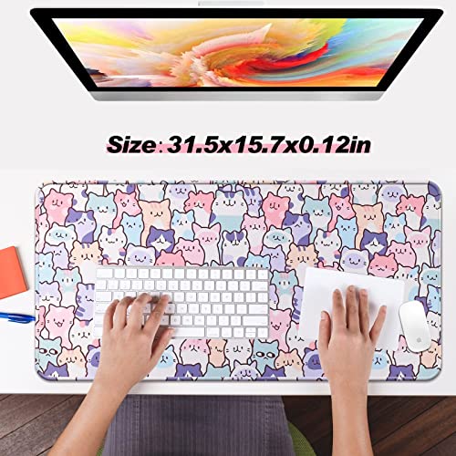 Cute Kawaii Cat Mouse Pad, Gaming Office Home Mousepad, Computer Keyboard and Laptop Desk Mat for Women, Large Extended Non-Slip Rubber Base with Stitched Edges, 31.5x15.7x0.12 in, Pink - color: Cat