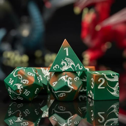 Dragon Theme Metal Dice Set,HNCCESG 7PCS Solid Zinc Alloy Polyhedral Dice with Magnetic Gift Box,Fantasy Role Playing Dice for DND Gifts (Green Orange Silver) - color: Green Orange Sliver Dragon