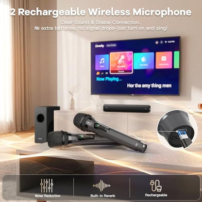 Sound Bar for Smart TV, Karaoke Sound Bar with Wireless Microphones, 2.1CH Soundbar with Subwoofer, BT 5.3 Surround Sound System for TV, Home Theater Soundbar Speakers with Bluetooth/ARC/AUX for Party