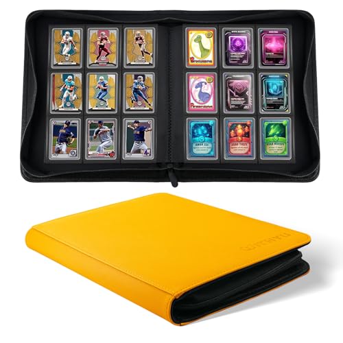 WITHYU Top Loader Binder 9 Pocket, Holds 288 Toploaders for 3" x 4" Trading Cards, PU Leather Ringless Zipper Album with Double-Sided Pages, Yellow - color: Yellow, size: 9 Pocket