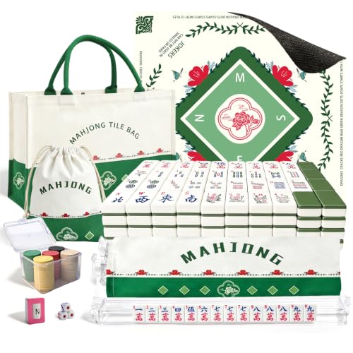 166 American Mahjong Tiles Set with Mat, Racks and Accessories | Mahjong Game with Portable Storage Bags, 4 All-in-One Color Rack/Pushers, Scoring, Plastic Coins Dices for Adults & Beginners - color: Green
