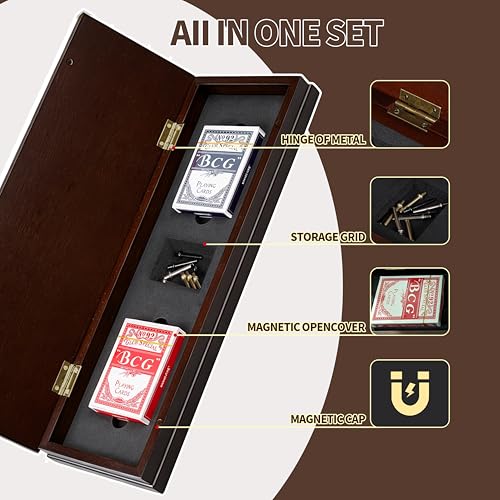 Rinten Solid Wood Cribbage Board Game Set for 2-4 Players with Cards | Classic card strategy game, integrated storage, durable metal pegs, playing cards included, wooden gift for adults - color: Brown
