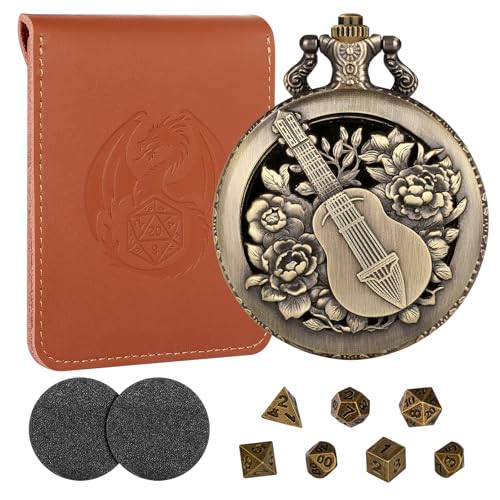 Hollow Bard Pocket Watch Dice Set, Metal Mini Dice, DND Gifts with Dice Bag | Bronze Tiny Dice, DND Stuff for Role Playing Games, DND Starter Set, 7pcs Polyhedral Metal Dice Set for Game Night, Bard Gift - color: Bard Dice Set