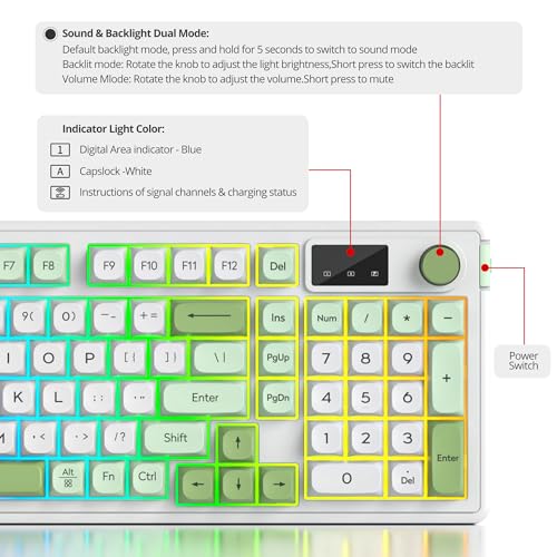 Fogruaden 96% Green Quiet Silent Wireless Gaming Keyboard with Number Pad & Knob, Mechanical Feel, Spill-Resistant, Multimedia Keys, Wired/BT/2.4G, USB Rechargeable Membrane Keyboard for Win/Mac - color: WhiteGreen