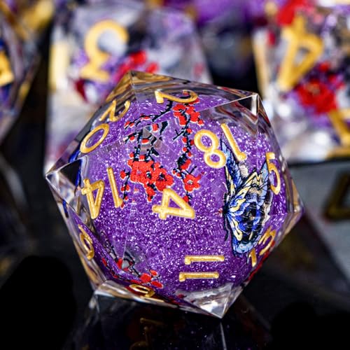 Butterfly DND Dice Purple Liquid Core Dice Set with Metal Box, Handmade Sharp Edge D and D Polyhedral Dice for use with D&D Role Playing Game, D20 D12 D10 D8 D6 - color: Qs-16
