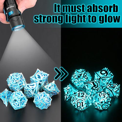FONVGOGO Glow in The Dark Light up DND Dice Metal for Dungeons and Dragon 7 Polyhedral Dice Set Hollow Metal Vine D and D RPG Dice for Role Playing Game (Vine Glow Blue) - color: Vine Glow Blue