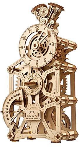 UGEARS Engine Clock 3D Wooden Puzzles for Adults – Wooden Model Kits for Adults, Mechanical Clock Kit with Moving Pistons, Steam Engine Kits, Clocks Kits for Do It Yourself, Brain Teaser 3D Puzzle - style: Engine Clock
