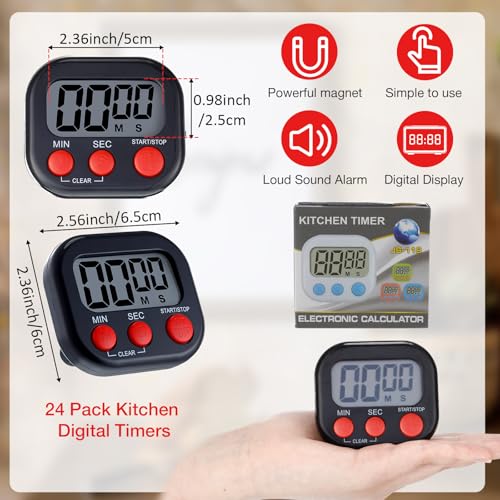 Leumoi 24 Pack Multi-Function Digital Timers with Magnetic Back, Large LCD Display, Loud Alarm, Count up & Countdown, Memory Function for Cooking, Classroom, Study, Exercise & Work(Black and Red) - color: Black and Red