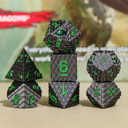 Metal Dice Set D&D,7 PCS Dragon Scale Metallic DND Dice Set,Dragon Eye Metal Dice with Grogeous Gift Case for Dungeons and Dragon Tabletop Game (Black Dragon Scale & Green Eye) - color: Black Dragon Scale & Green Eye
